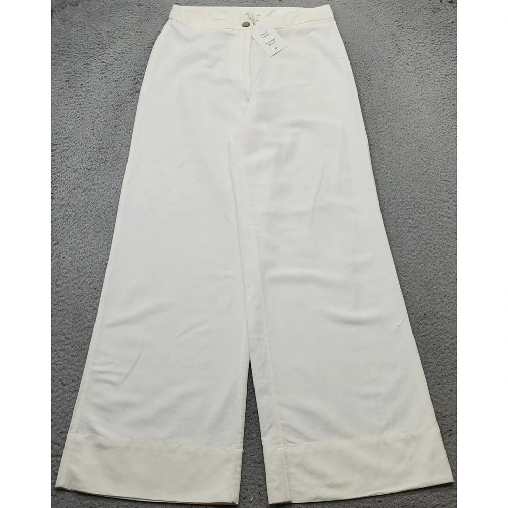 H&M Wide Leg Pants Womens 8 White Linen Blend Melange Flowy Chic Mid Rise